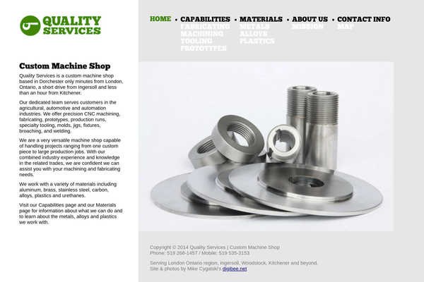 Web design by Mike Cygalski of digibee.net. Dorchester based Quality Services Machining website homepage screenshot.
