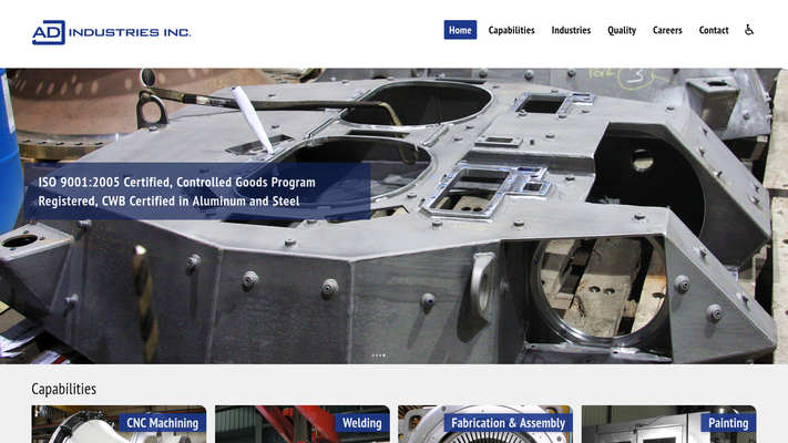 Website design by Mike Cygalski of digibee.net. London Ontario based ADJ Industries Inc. website homepage screenshot.