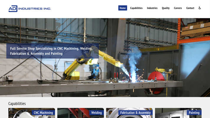 Website design by Mike Cygalski of digibee.net. London Ontario based ADJ Industries Inc. website homepage screenshot.