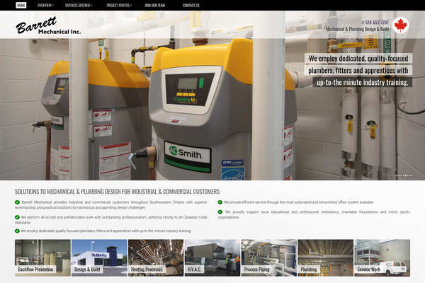 Website design by Mike Cygalski of digibee.net. London Ontario based Barrett Mechanical Inc. website homepage screenshot.