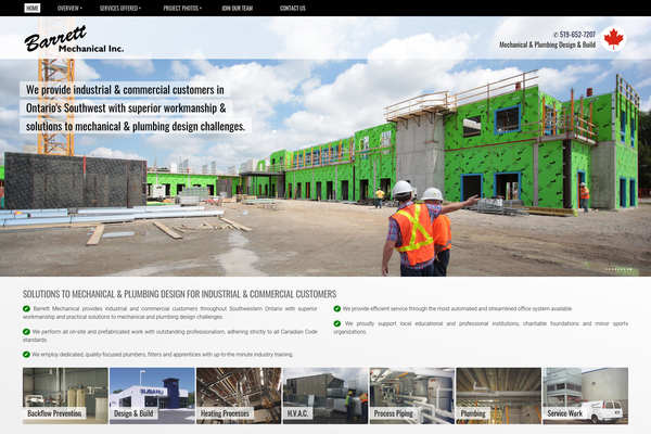 Web development by Mike Cygalski of digibee.net Web Design. London based Barrett Mechanical Inc.'s website homepage screenshot.