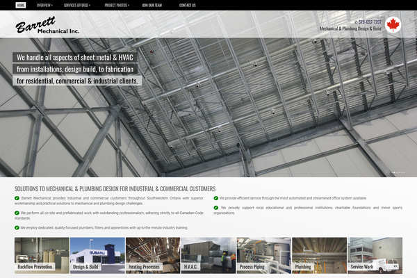 Web design by Mike Cygalski of digibee.net Web Design in London Ontario. Barrett Mechanical Inc. homepage design screenshot.