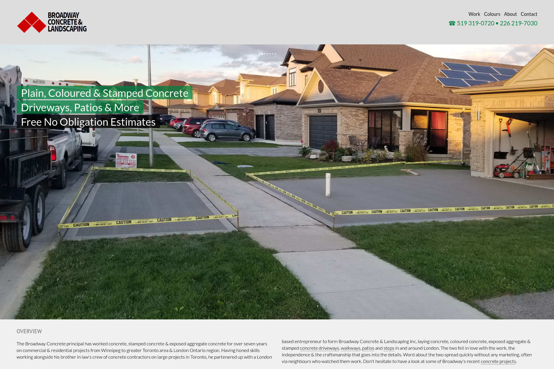 Website design by Mike Cygalski of digibee.net. London Ontario based Broadway Concrete Inc. website homepage screenshot.