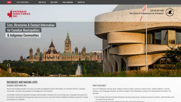 Website designed by Mike Cygalski of digibee.net. Canadian Database Directories Inc. homepage screenshot.
