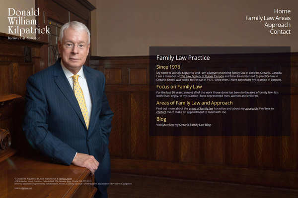 Web design by Mike Cygalski of digibee.net Web Design in London Ontario. Donald W. Kilpatrick family law practice homepage design screenshot.