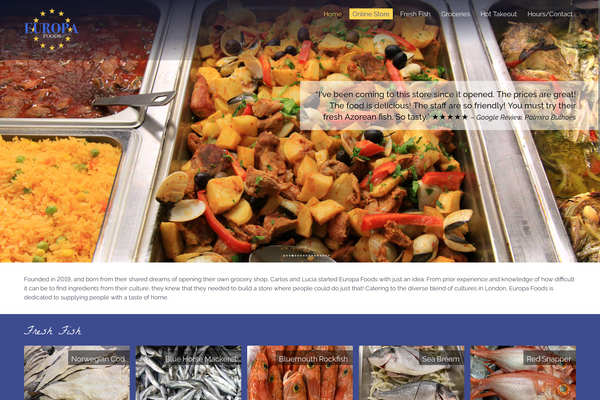 Web design by Mike Cygalski of digibee.net. East London based Europa Foods homepage design screenshot. Hotfoods buffet selection.