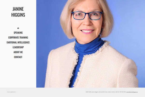 Web design by Mike Cygalski of digibee.net. Homepage screenshot of the website for Janine Higgins, a London Ontario based speaker and educator.