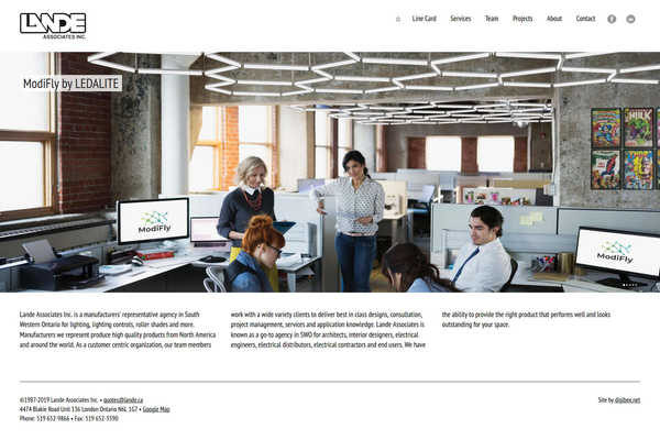 Web design by Mike Cygalski of digibee.net Web Design. London Ontario based Lande Associates Inc., lighting design specialists, website homepage design screenshot.