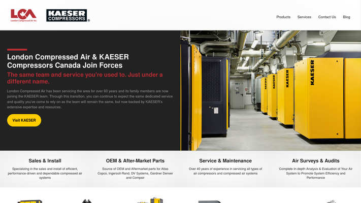 Web design by Mike Cygalski of digibee.net. London Compressed Air Inc. (Now part of Kaeser Compressors Canada Inc.) homepage design screenshot.