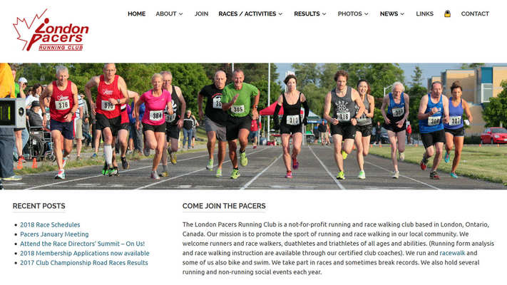 Web design by Mike Cygalski of digibee.net. London Pacers running club website homepage screenshot.