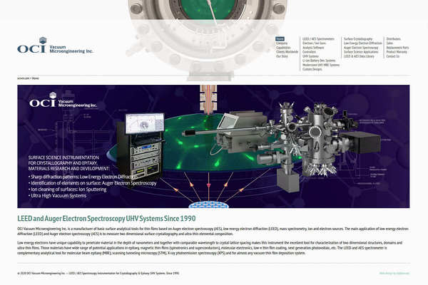 Web design by Mike Cygalski of digibee.net Web Design. London based OCI Vacuum Microengineering Inc. website homepage screenshot.
