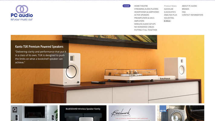 Website design by Mike Cygalski of digibee.net Web Design. London based PC Audio website homepage screenshot.