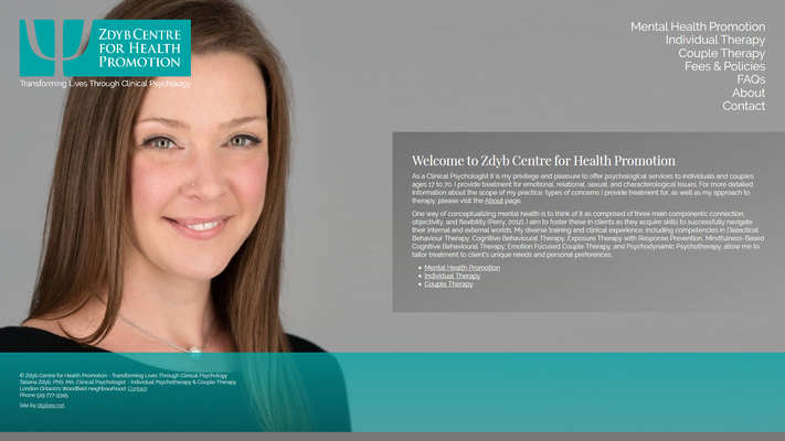 Web development by Mike Cygalski of digibee.net Web Design in London Ontario. Zdyb Centre for Health Promotion website homepage screenshot.