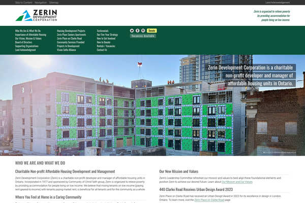 Web design by Mike Cygalski of digibee.net in London Ontario. Zerin Development Corporation homepage design screenshot.
