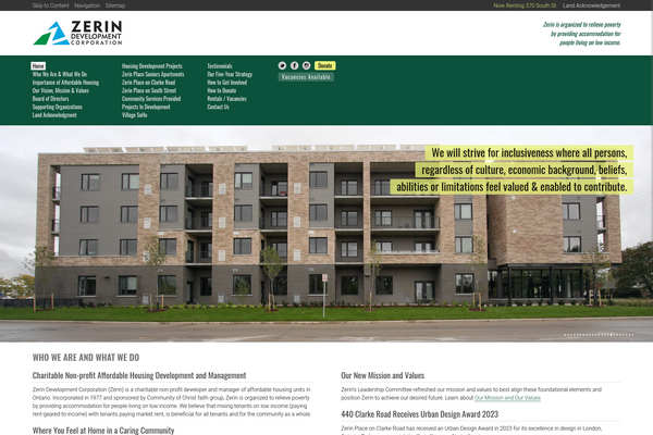 Web design by Mike Cygalski of digibee.net in London Ontario. Zerin Development Corporation homepage design screenshot.