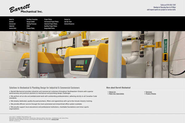 Website design by Mike Cygalski of digibee.net. London Ontario based Barrett Mechanical Inc. website homepage screenshot.