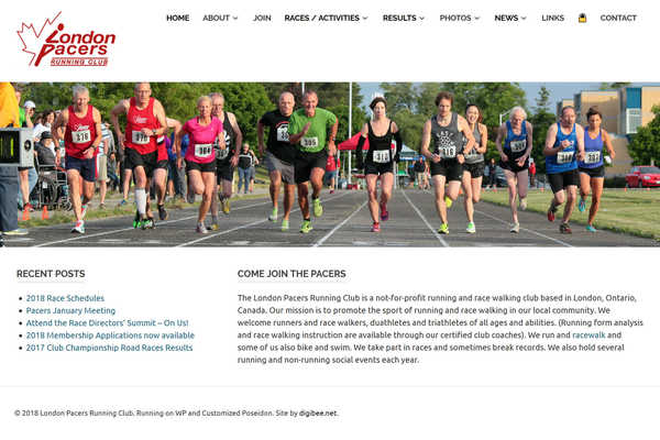 Web design by Mike Cygalski of digibee.net. London Pacers running club website homepage screenshot.